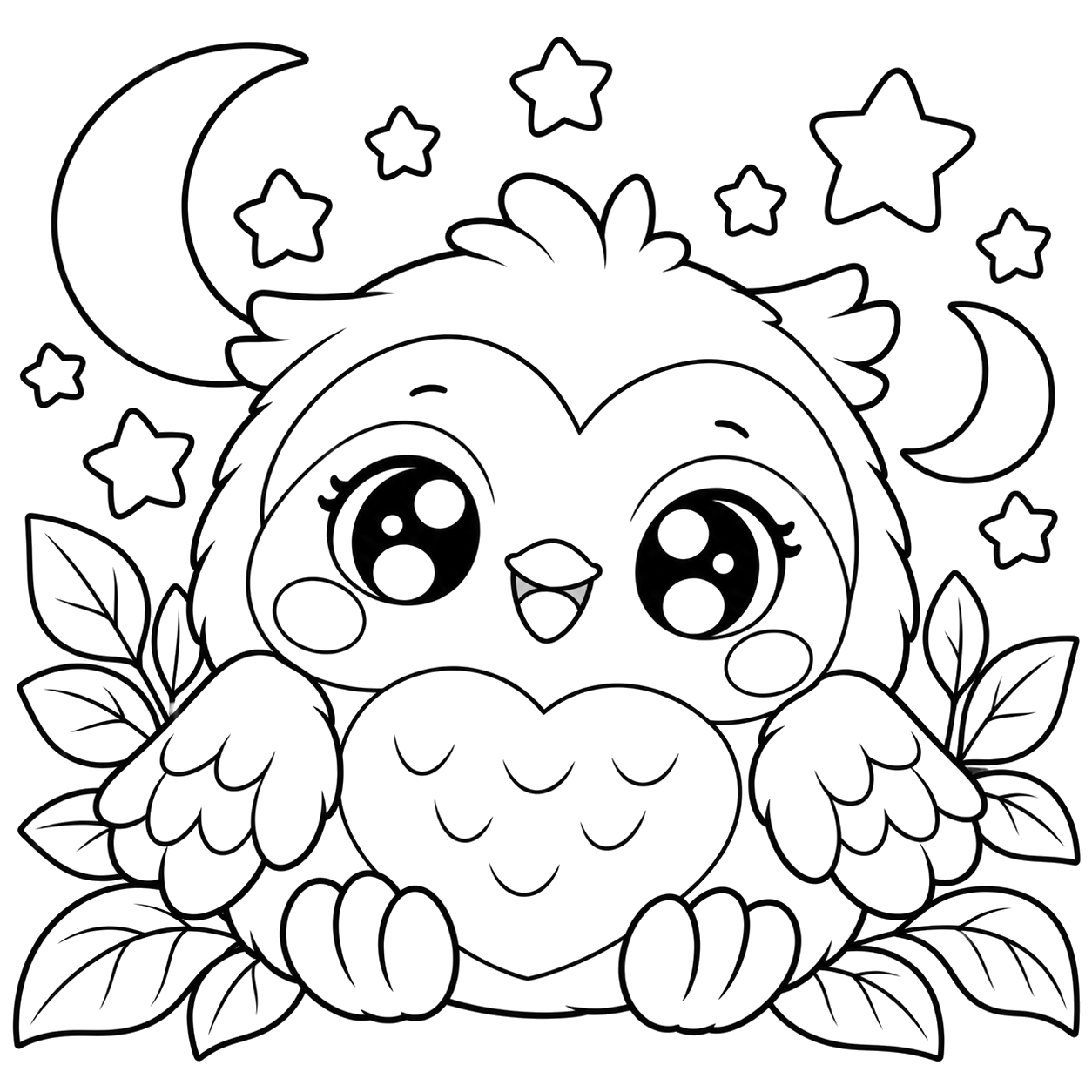 Owl Under Moonlit Stars: kawaii plush-style coloring page with big sparkly eyes to print and color