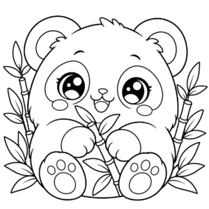 Panda with Bamboo: kawaii plush-style coloring page with big sparkly eyes to print and color
