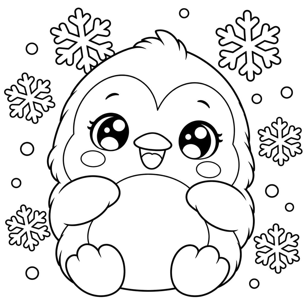Penguin Snowflake: kawaii plush-style coloring page with big sparkly eyes to print and color