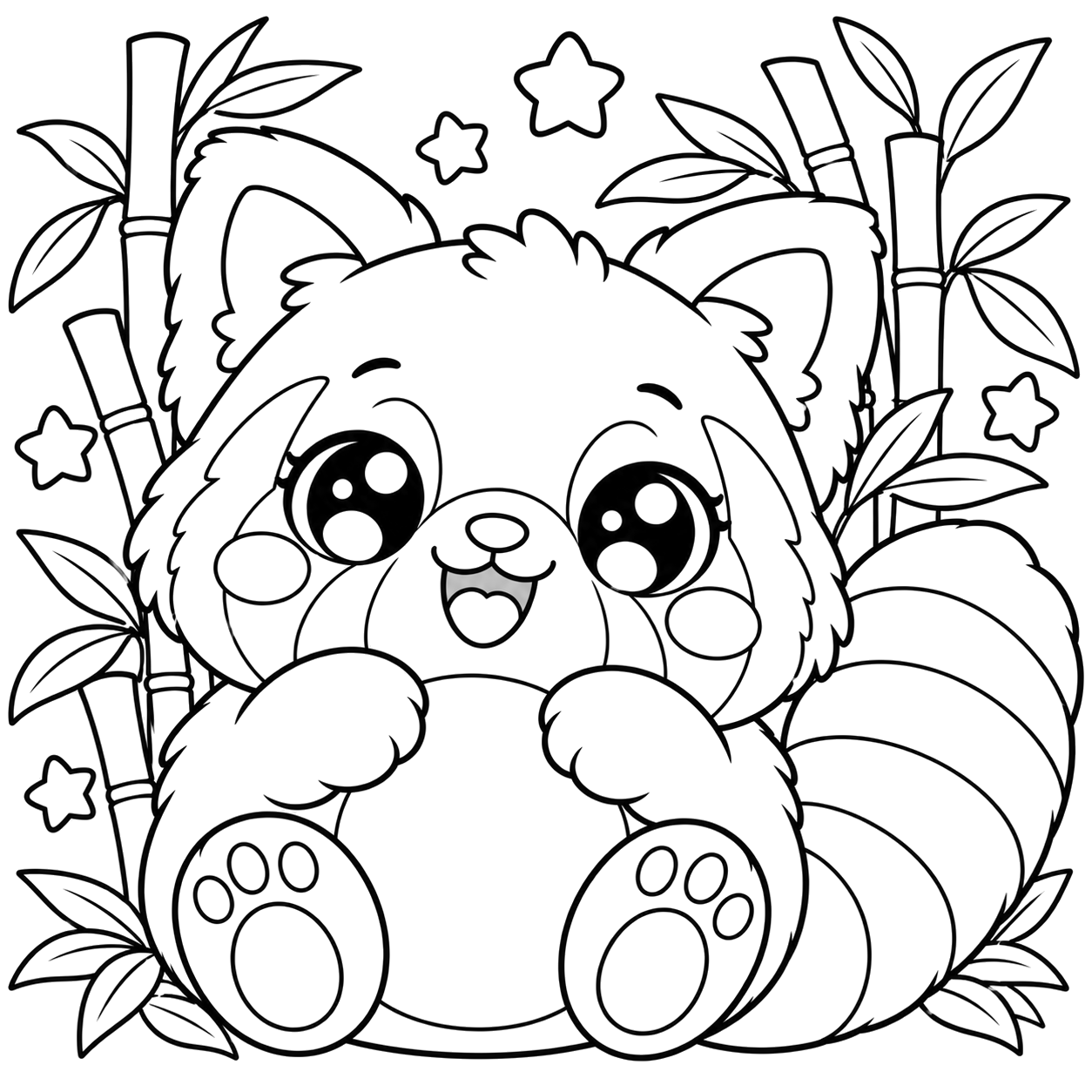 Red Panda Among Bamboo and Stars: kawaii plush-style coloring page with big sparkly eyes to print and color
