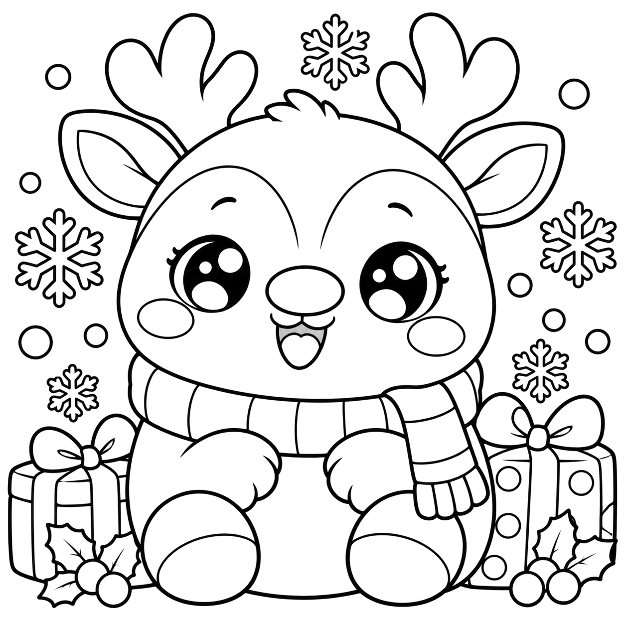 Reindeer Christmas: kawaii plush-style coloring page with big sparkly eyes to print and color