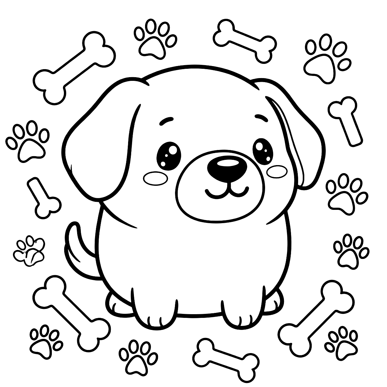 Squishy puppy: kawaii plush-style coloring page with big sparkly eyes to print and color