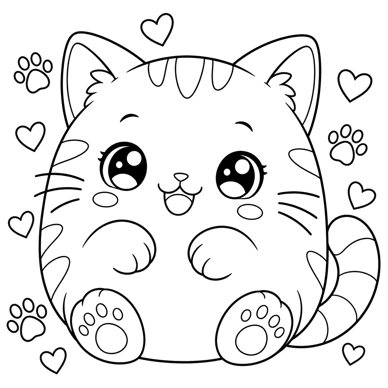 Tabby Cat: kawaii plush-style coloring page with big sparkly eyes to print and color
