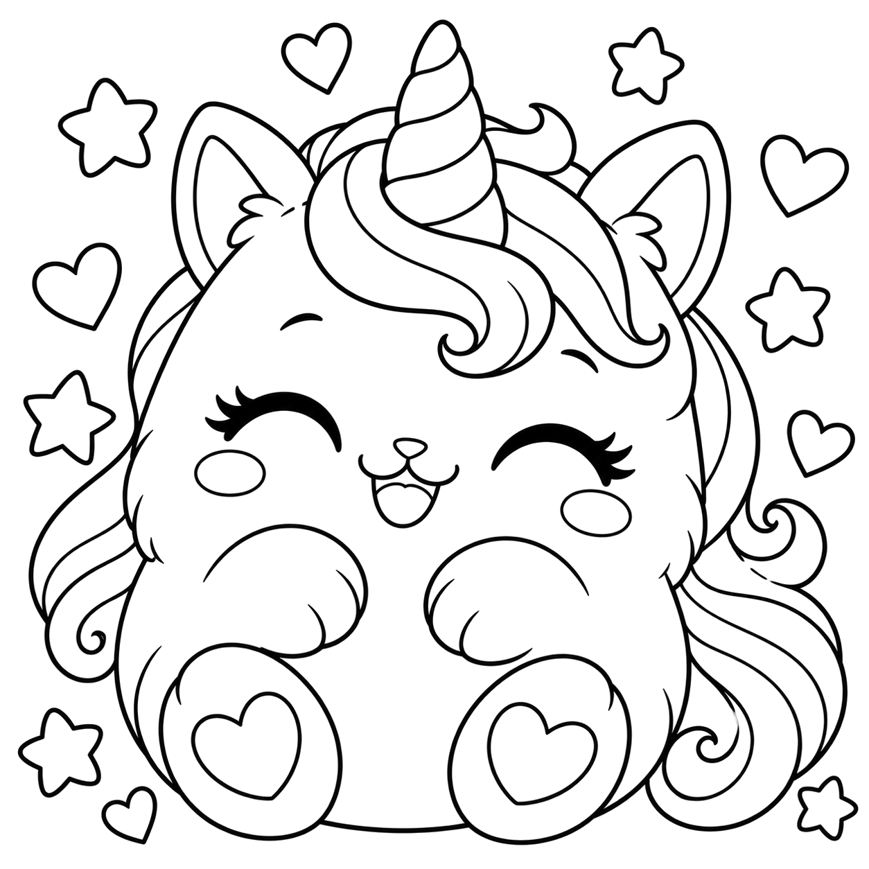 Unicorn: kawaii plush-style coloring page with big sparkly eyes to print and color