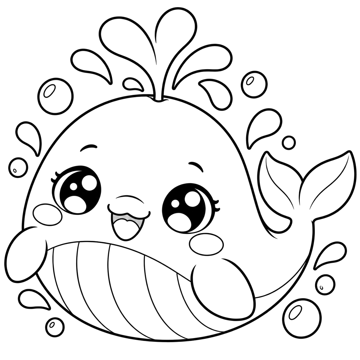 Whale Splash: kawaii plush-style coloring page with big sparkly eyes to print and color