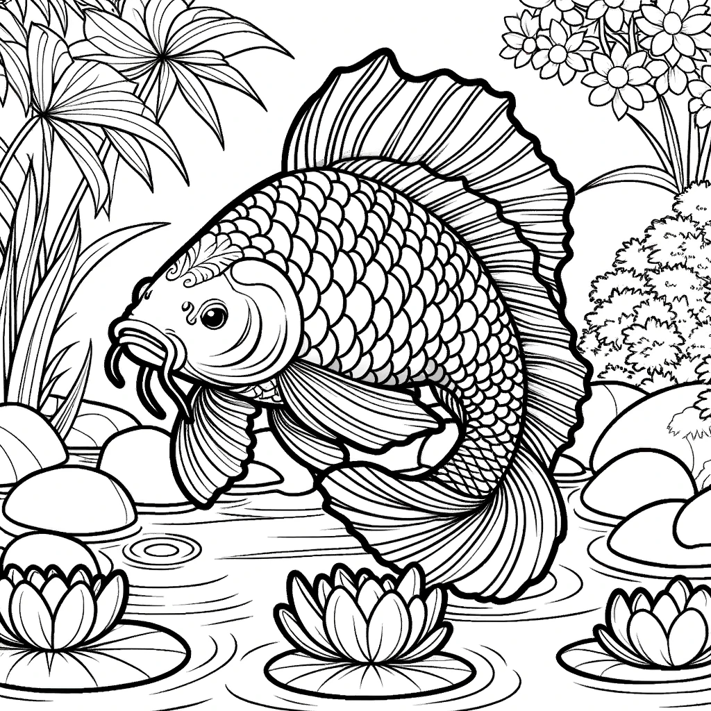 Free printable koi fish coloring page 4 black and white outline