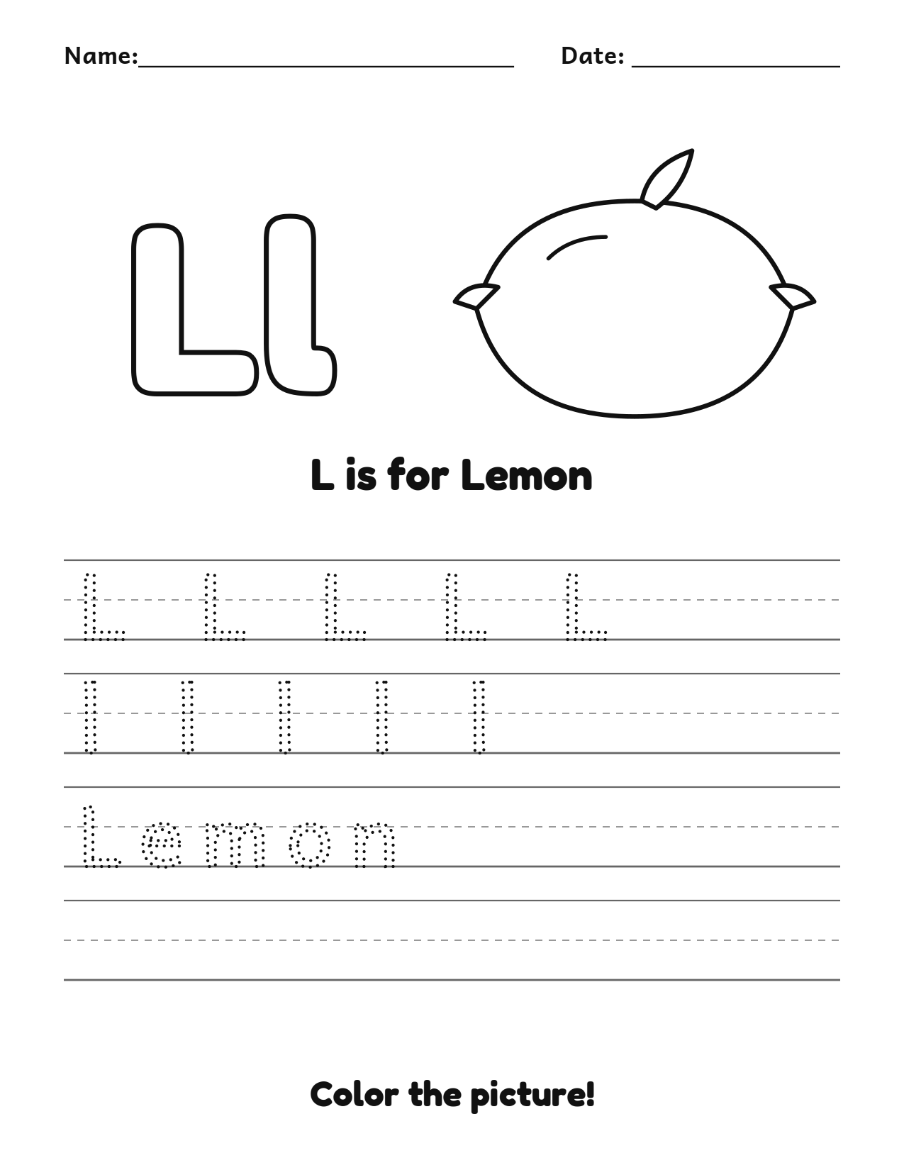 L is for Lemon fruit and vegetable tracing worksheet with a lemon picture and writing lines