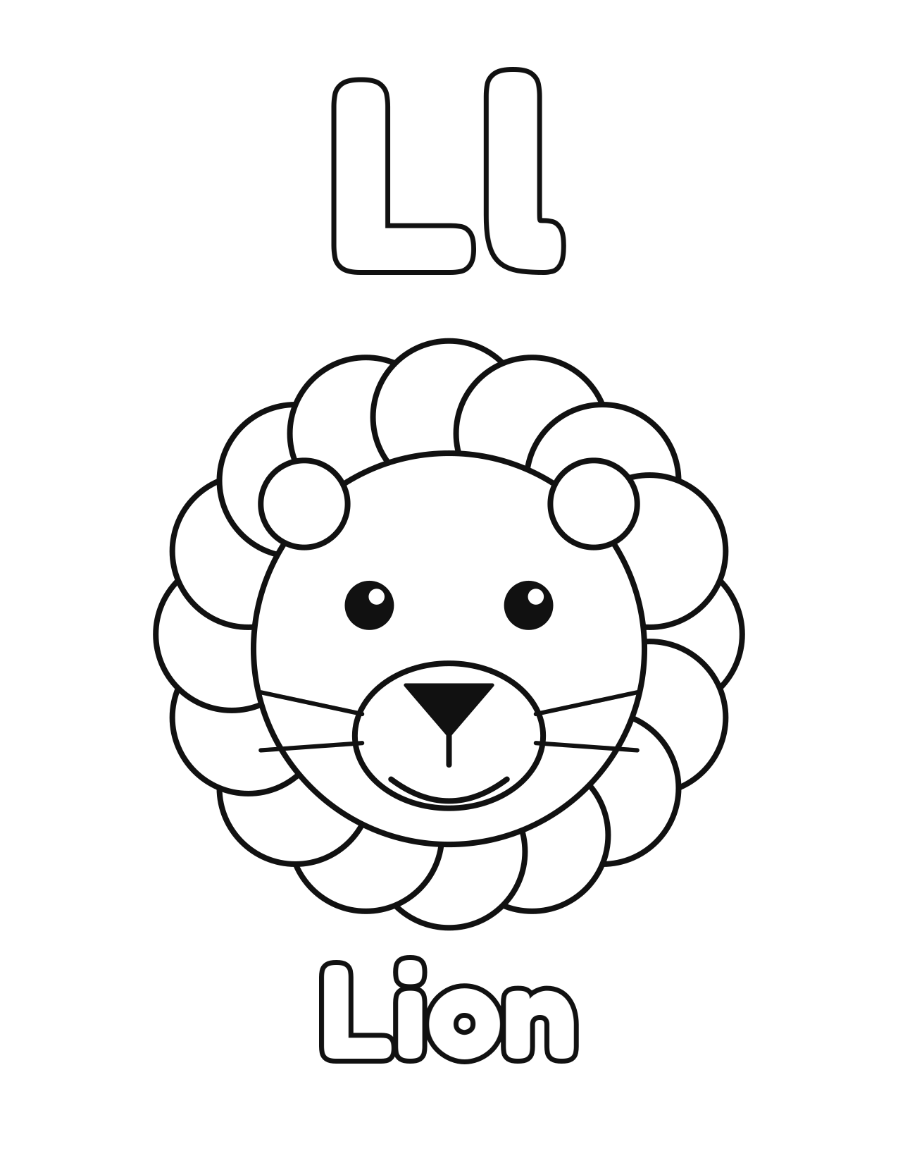 L is for Lion animal alphabet coloring page with a cute lion to color