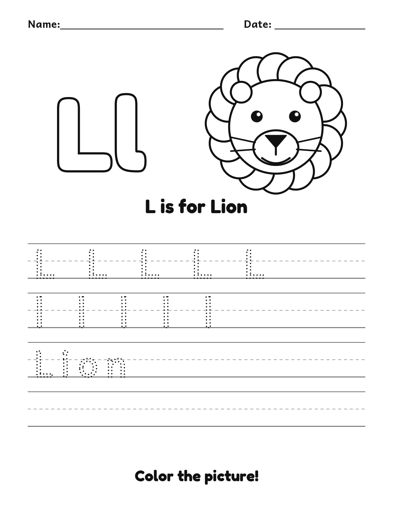 L is for Lion animal alphabet tracing worksheet with a lion picture and writing lines