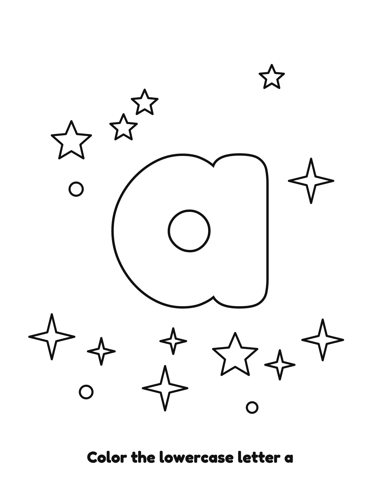 Lowercase letter a bubble letter coloring page with stars to color