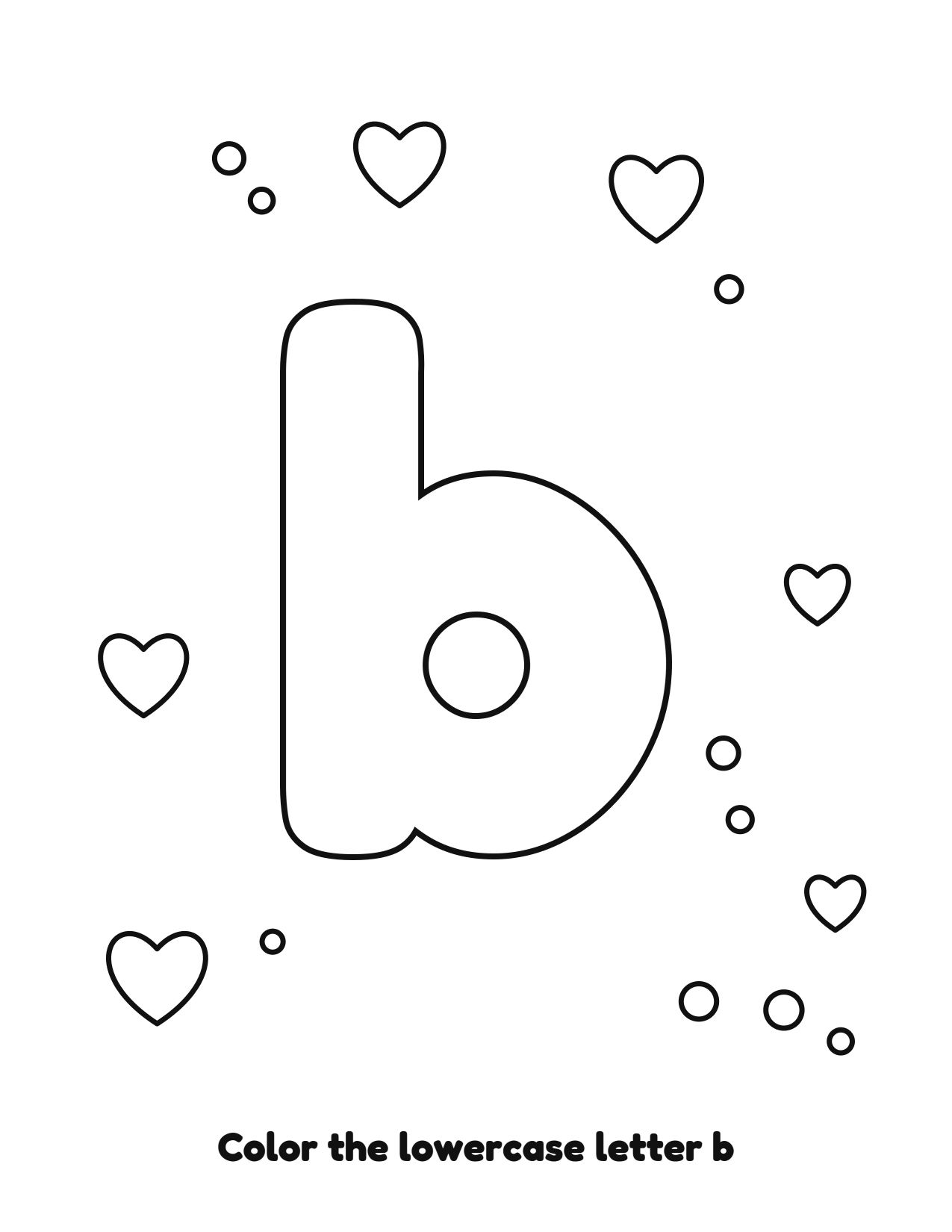 Lowercase letter b bubble letter coloring page with hearts to color