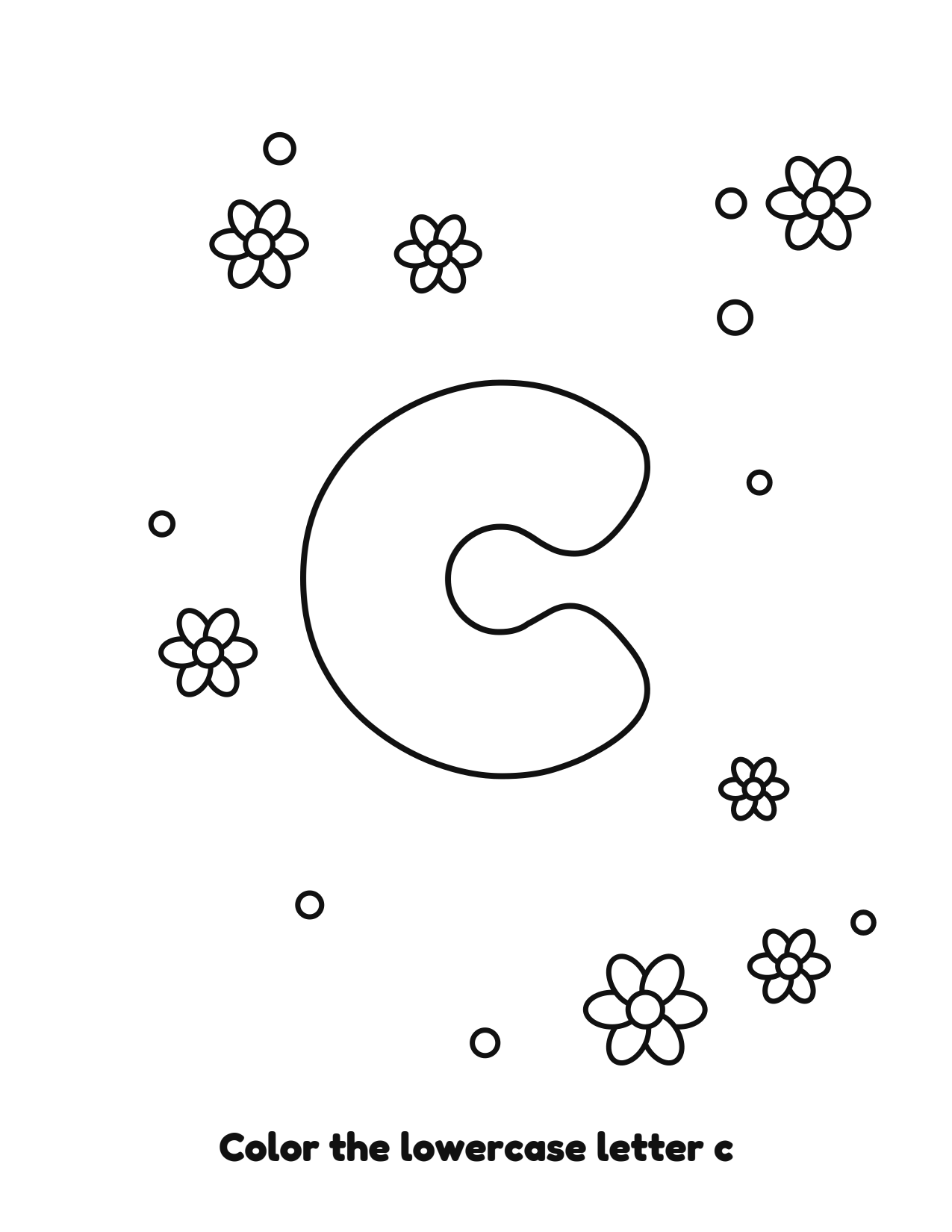 Lowercase letter c bubble letter coloring page with flowers to color