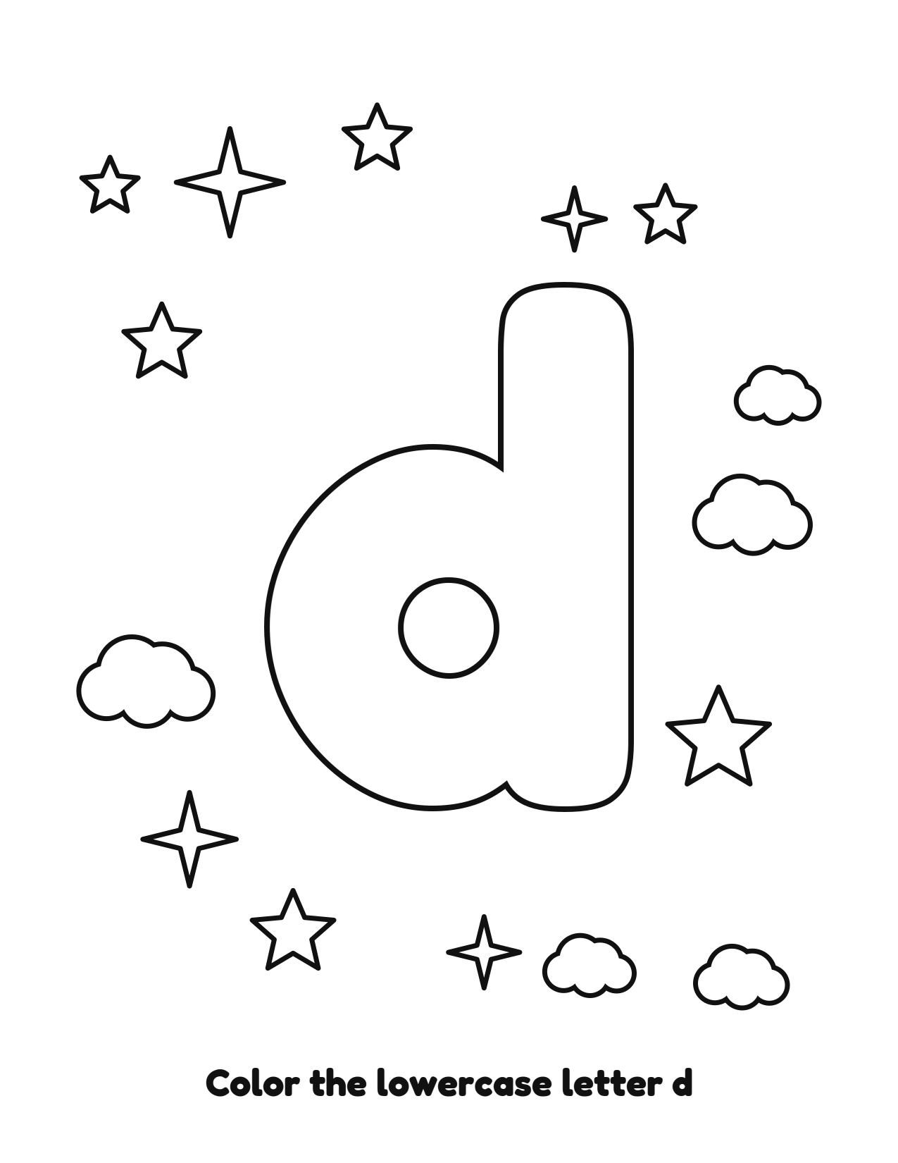Lowercase letter d bubble letter coloring page with clouds and stars to color