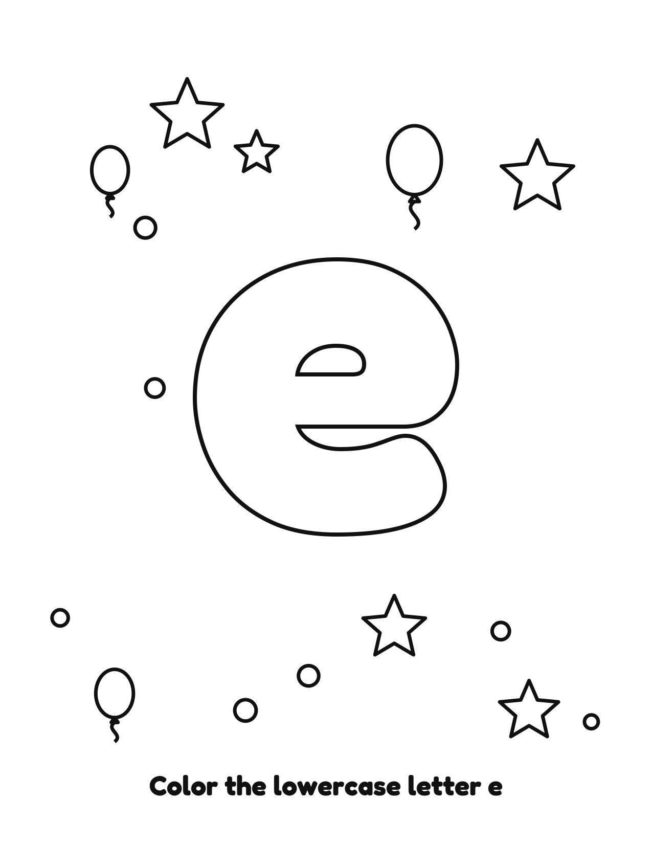 Lowercase letter e bubble letter coloring page with balloons to color
