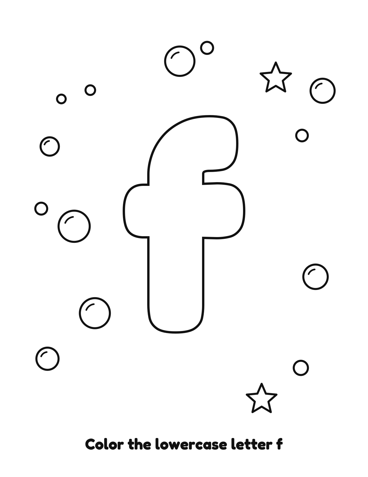 Lowercase letter f bubble letter coloring page with bubbles to color