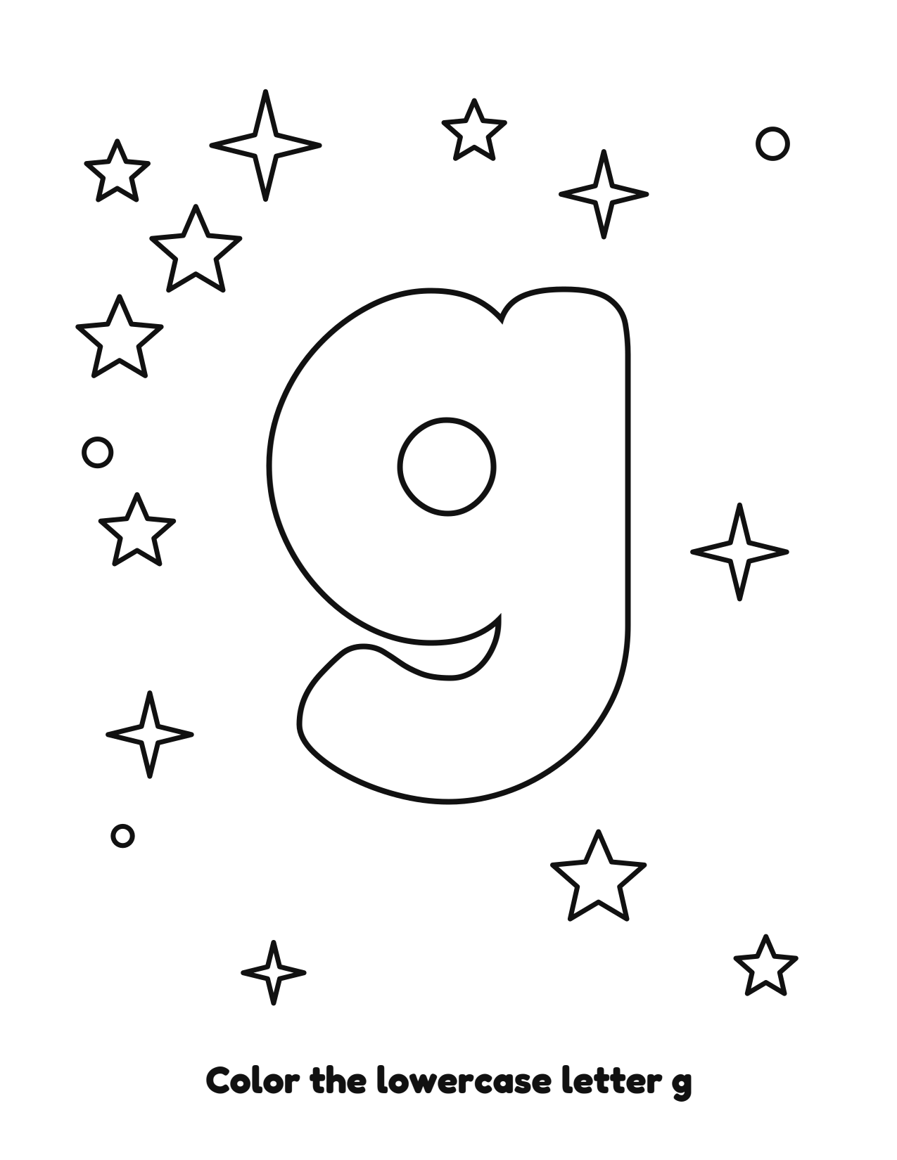 Lowercase letter g bubble letter coloring page with stars to color