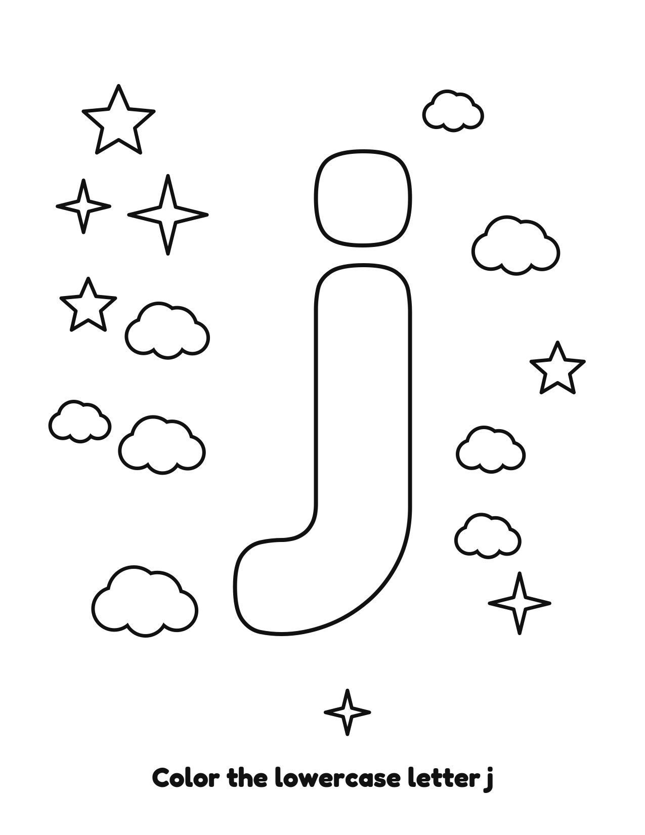 Lowercase letter j bubble letter coloring page with clouds and stars to color