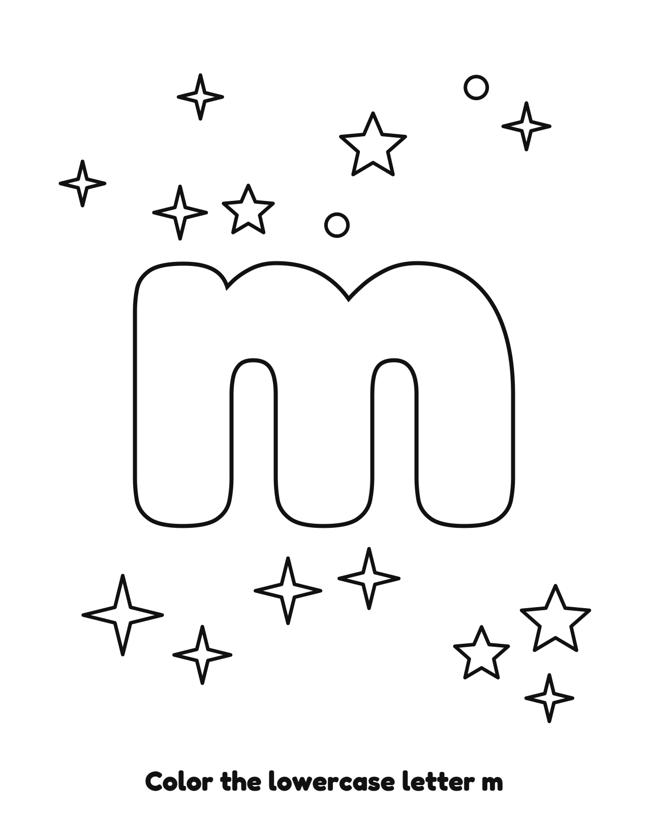 Lowercase letter m bubble letter coloring page with stars to color