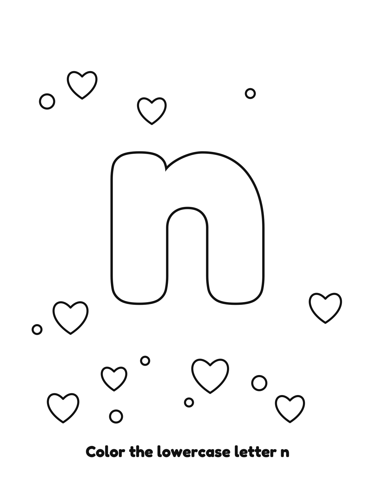 Lowercase letter n bubble letter coloring page with hearts to color