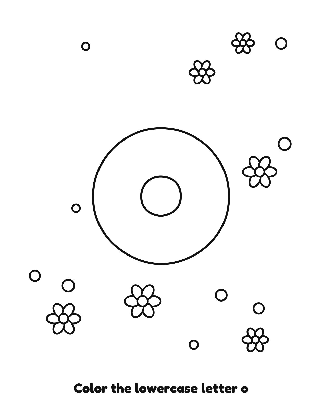 Lowercase letter o bubble letter coloring page with flowers to color