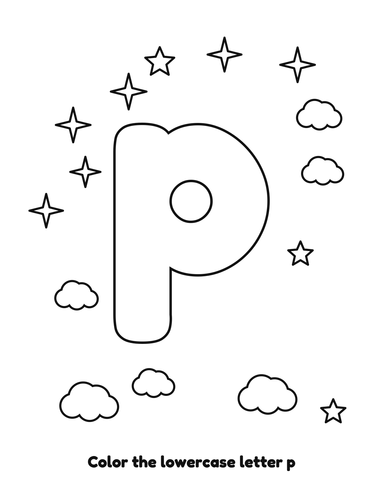 Lowercase letter p bubble letter coloring page with clouds and stars to color