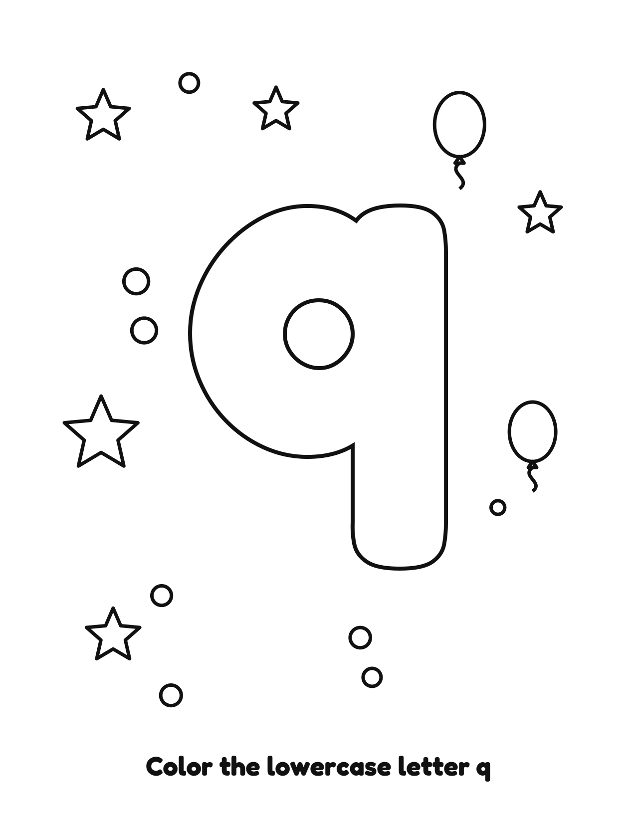 Lowercase letter q bubble letter coloring page with balloons to color