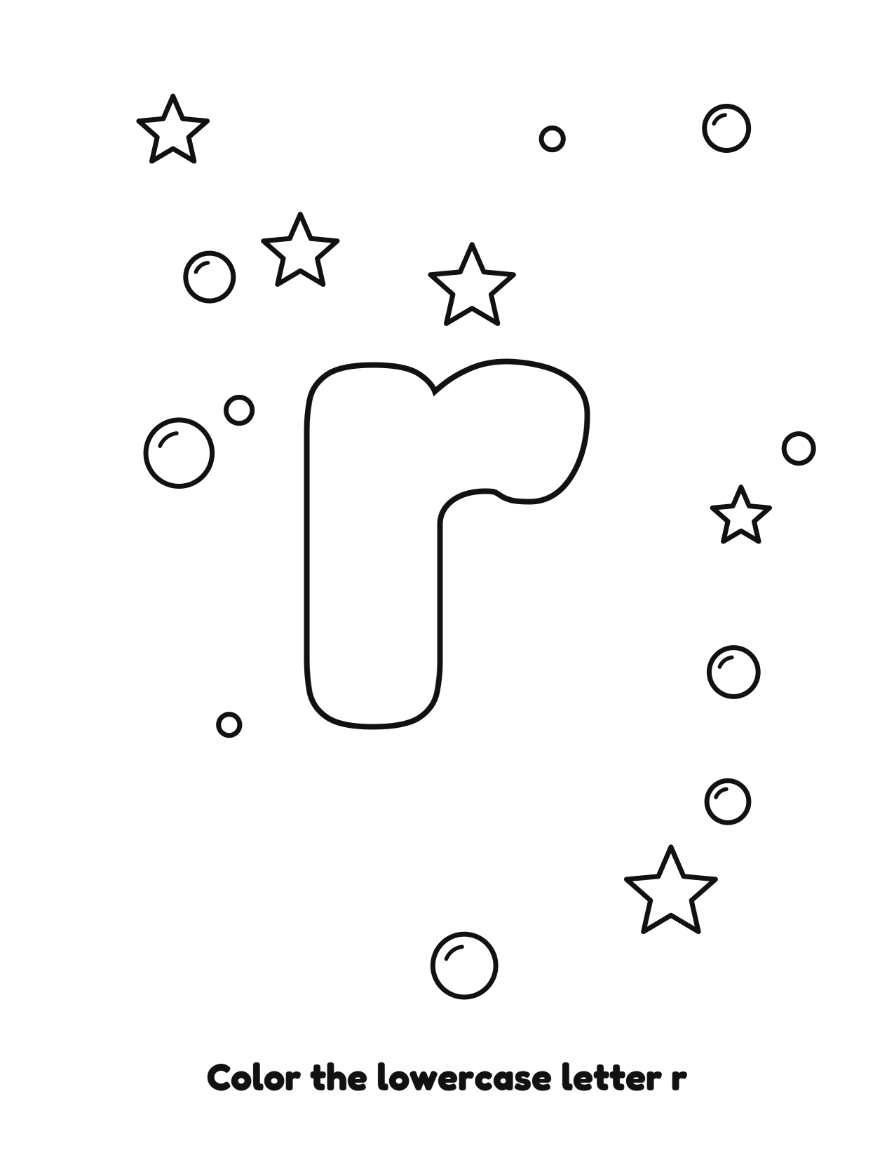 Lowercase letter r bubble letter coloring page with bubbles to color