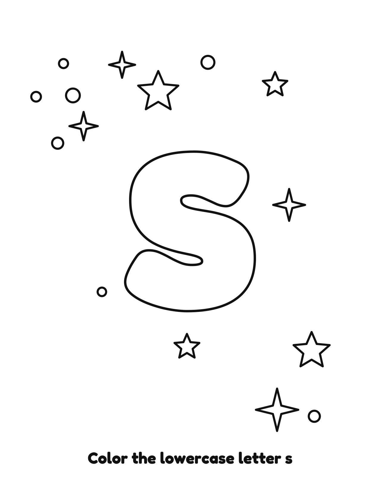 Lowercase letter s bubble letter coloring page with stars to color