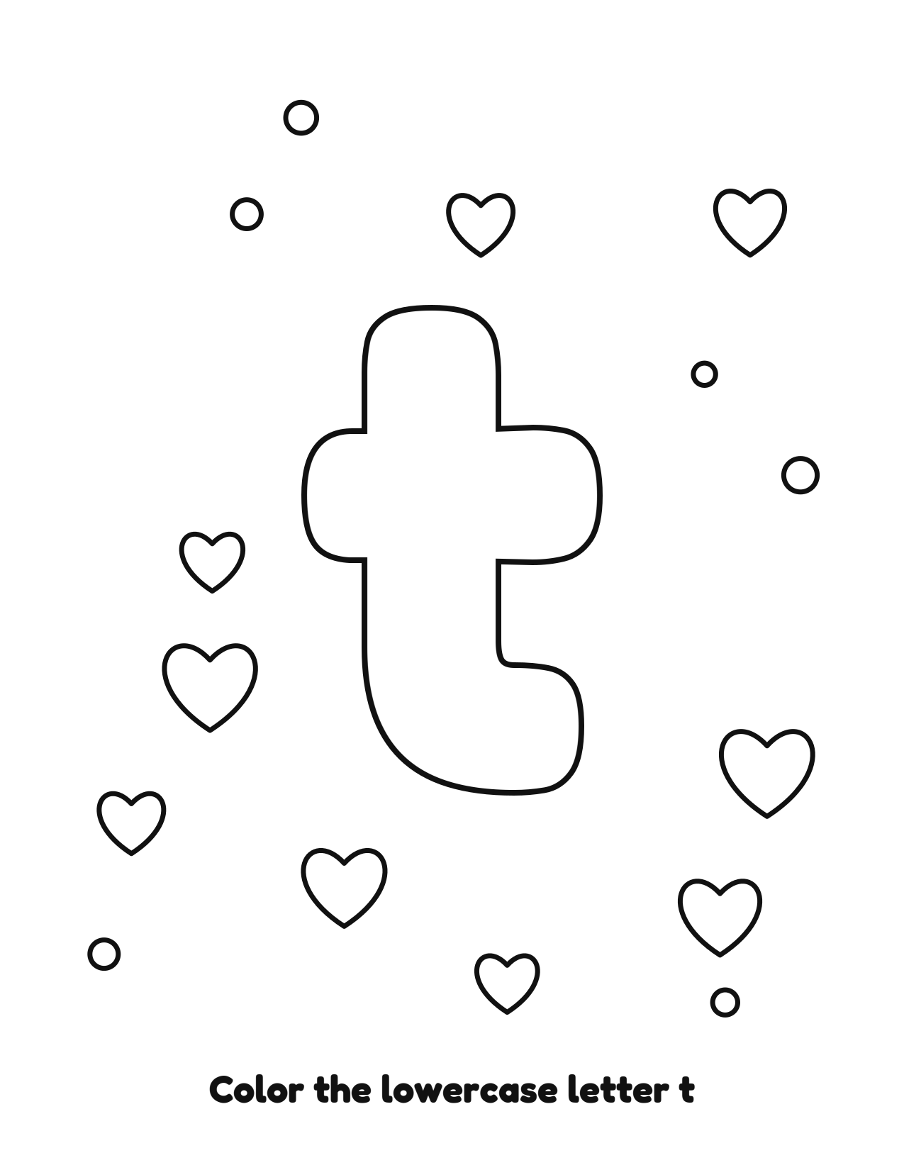 Lowercase letter t bubble letter coloring page with hearts to color