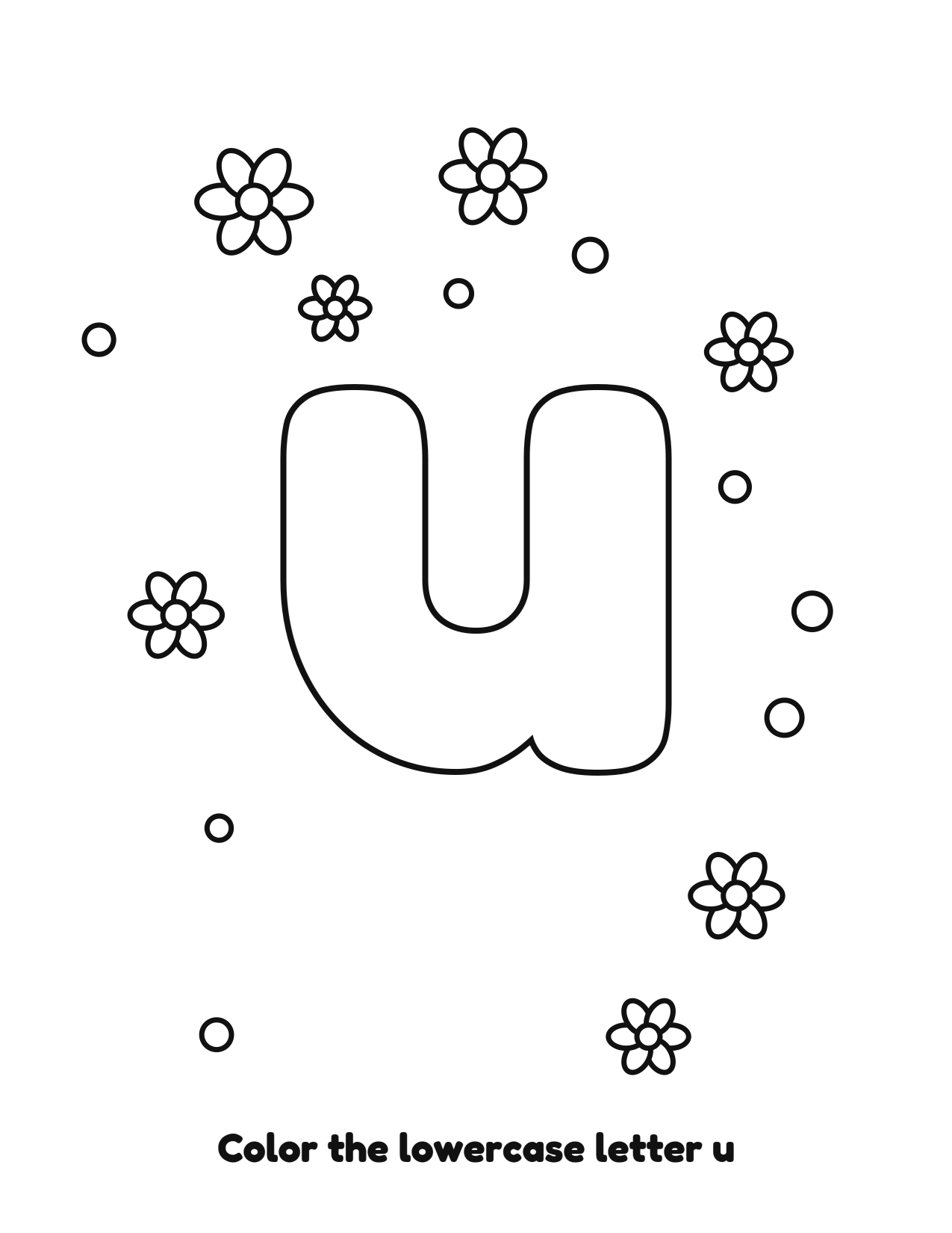Lowercase letter u bubble letter coloring page with flowers to color