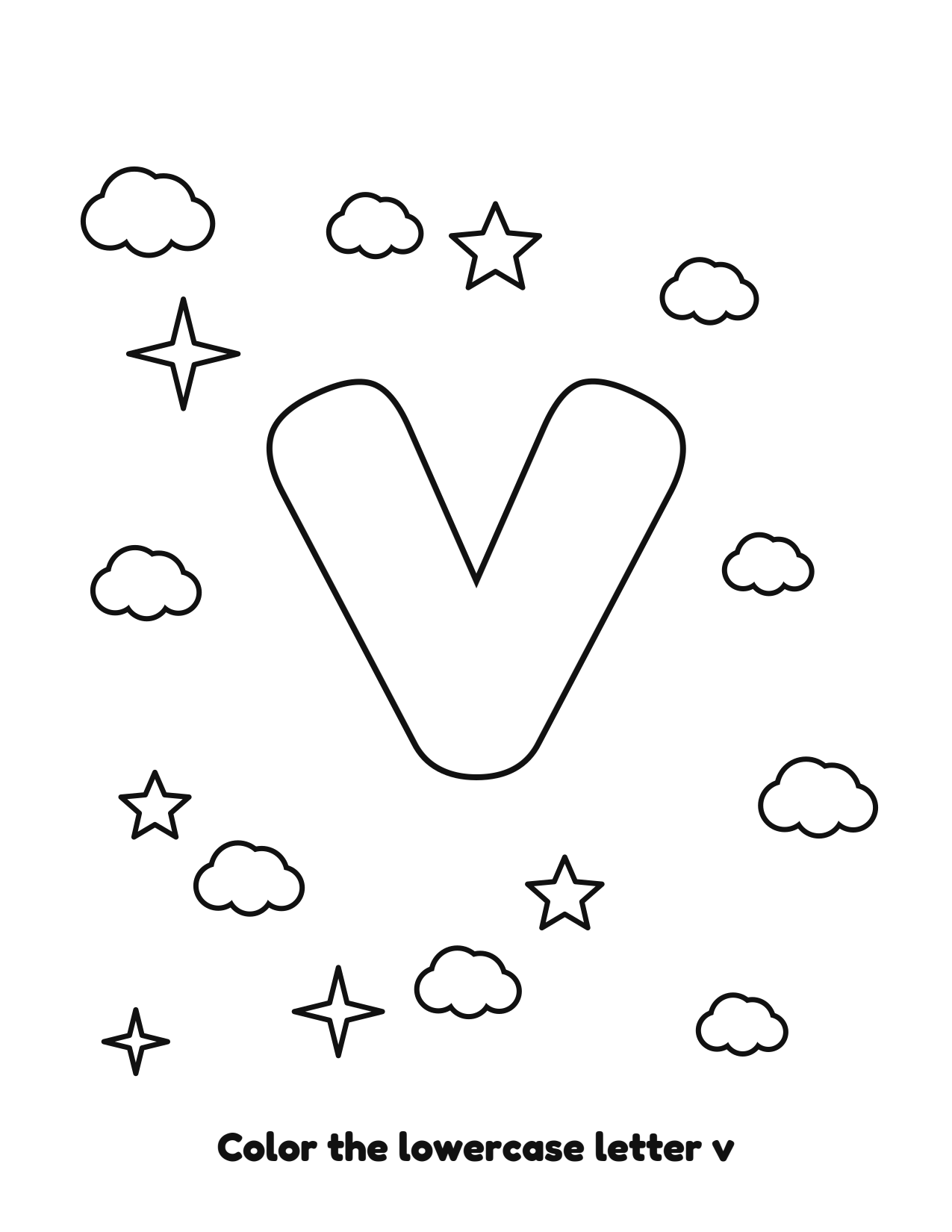 Lowercase letter v bubble letter coloring page with clouds and stars to color