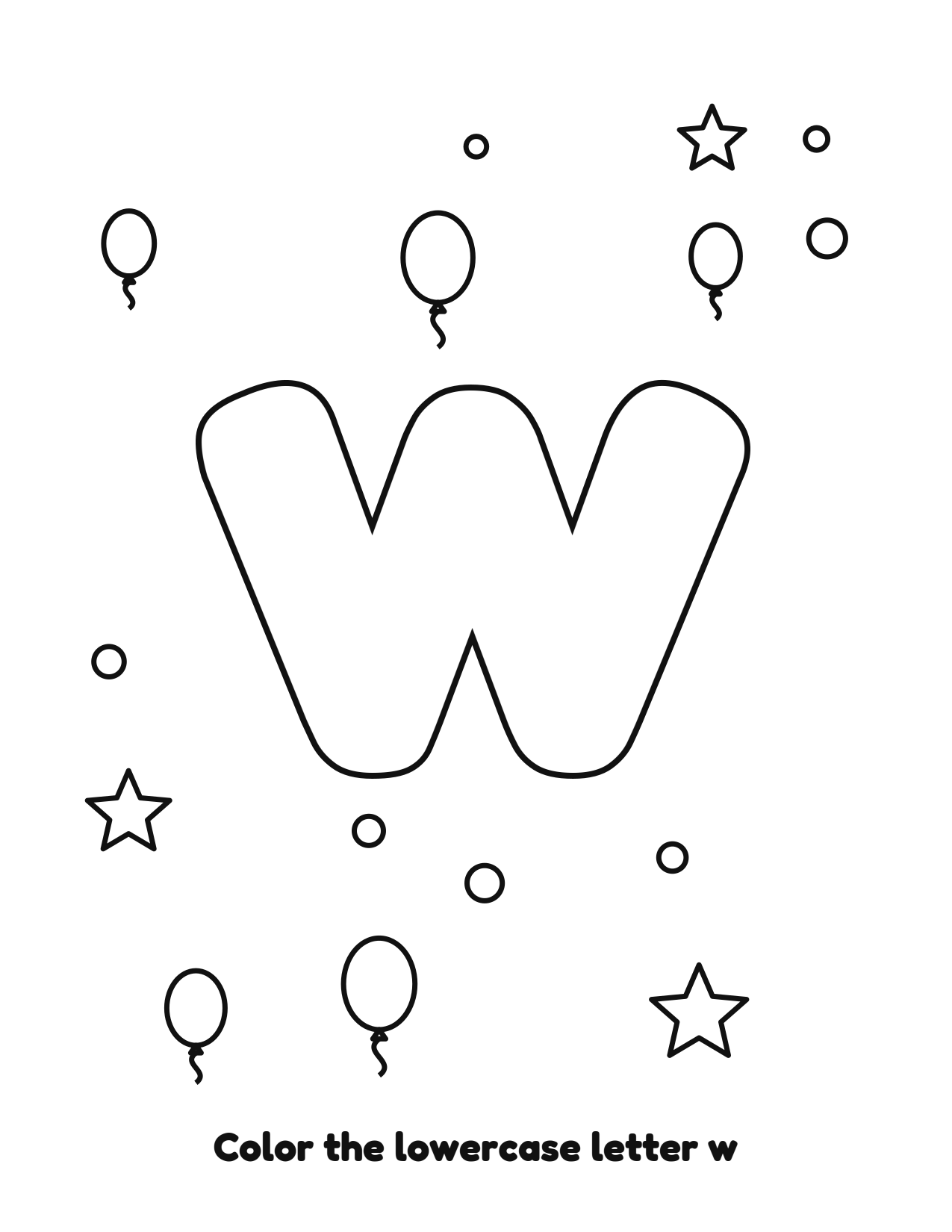 Lowercase letter w bubble letter coloring page with balloons to color