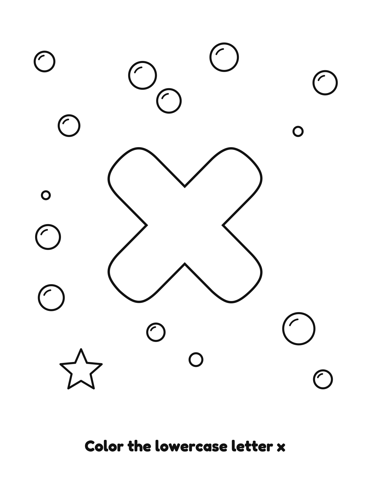 Lowercase letter x bubble letter coloring page with bubbles to color
