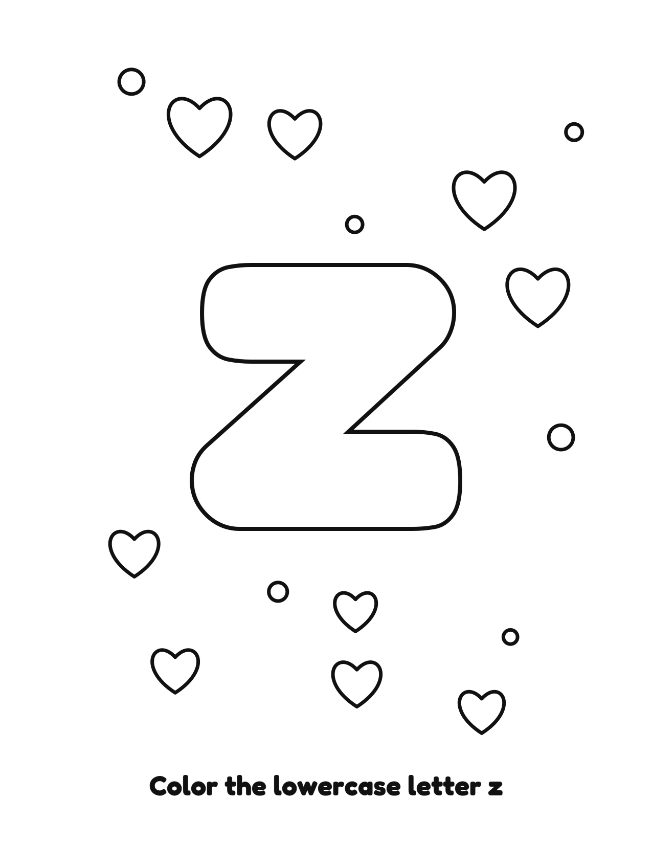 Lowercase letter z bubble letter coloring page with hearts to color