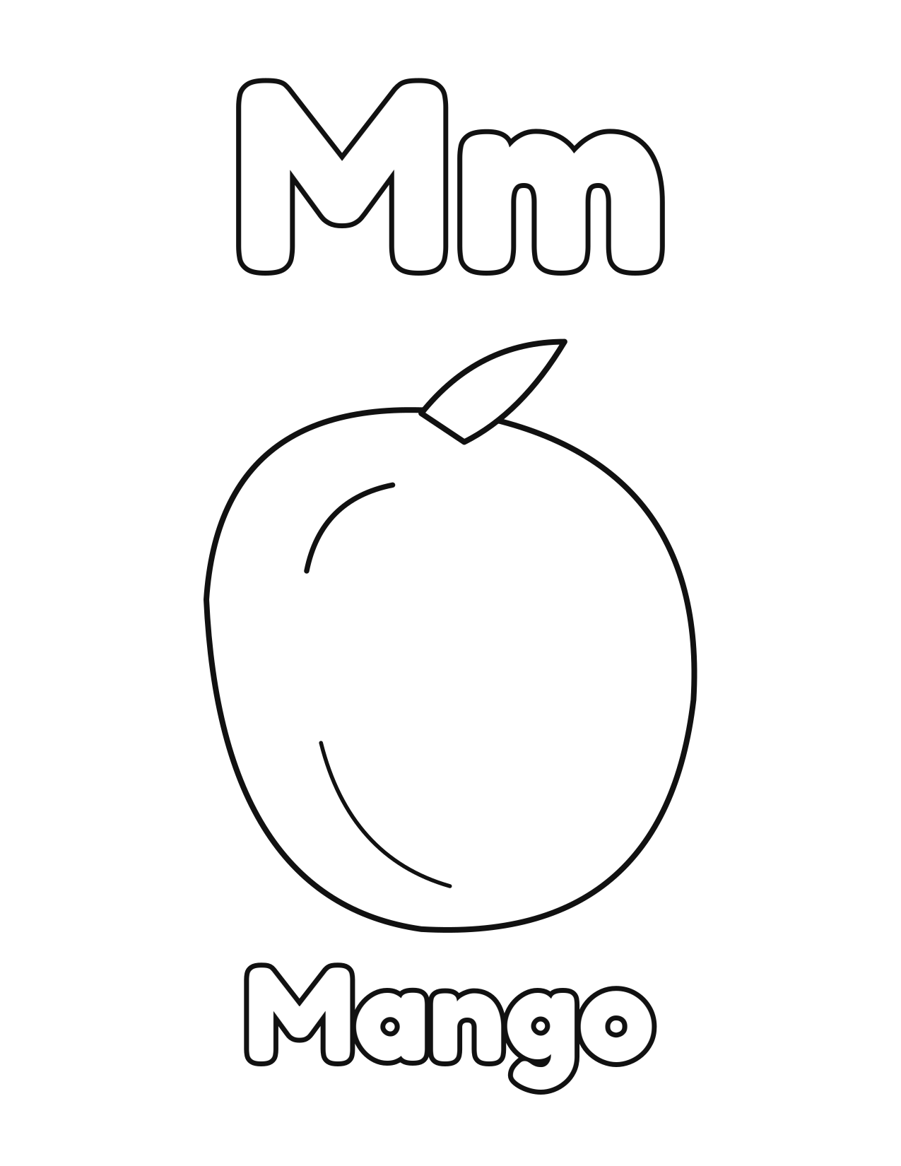 M is for Mango fruit and vegetable alphabet coloring page with mango to color