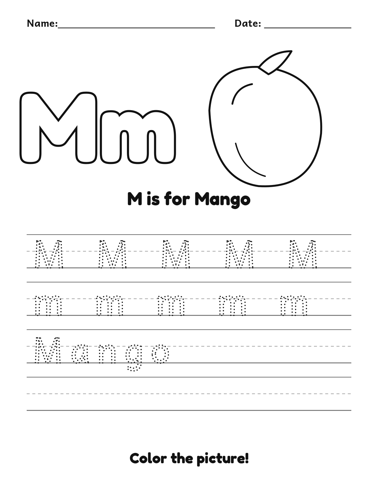 M is for Mango fruit and vegetable tracing worksheet with a mango picture and writing lines