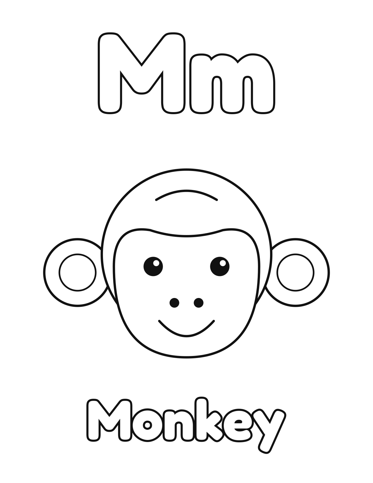 M is for Monkey animal alphabet coloring page with a cute monkey to color