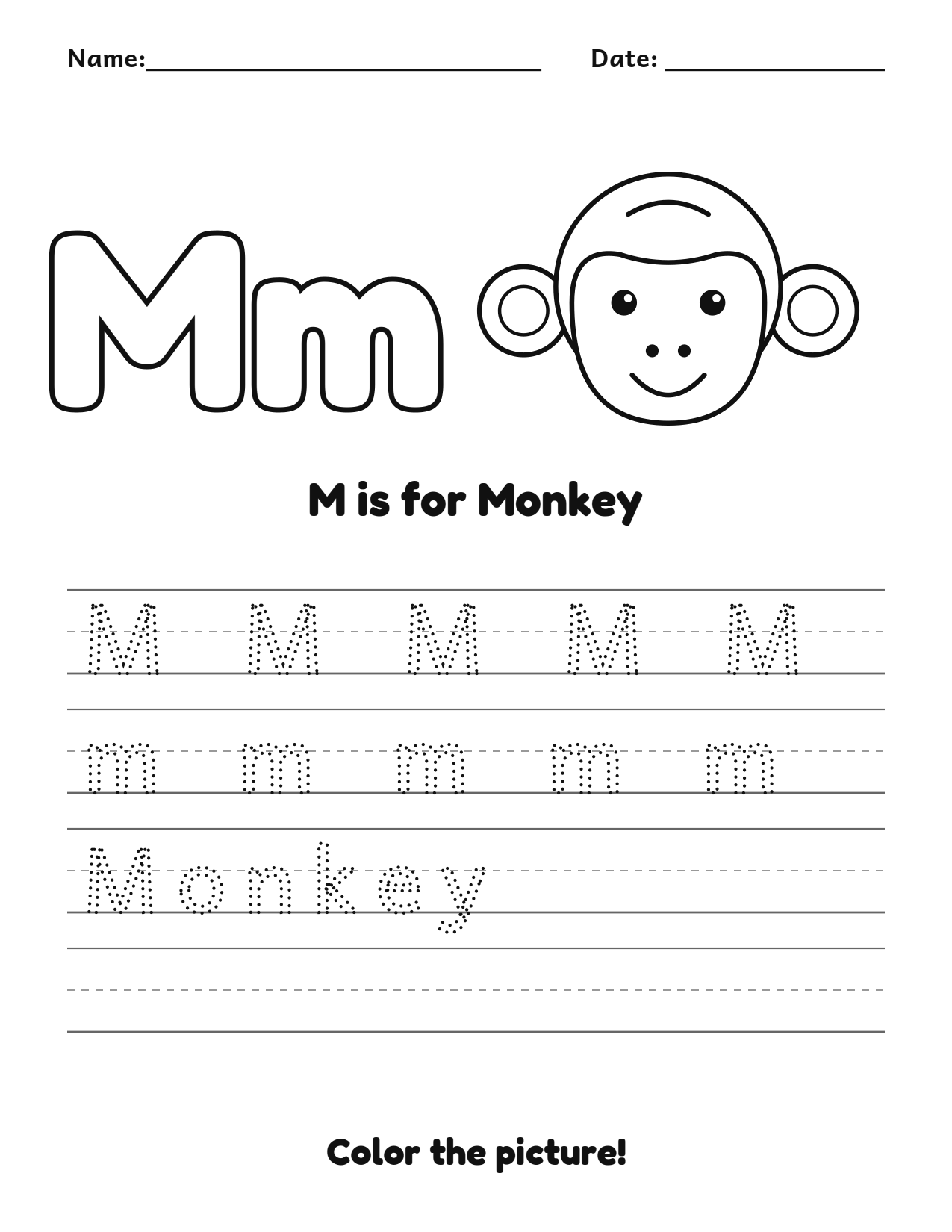 M is for Monkey animal alphabet tracing worksheet with a monkey picture and writing lines