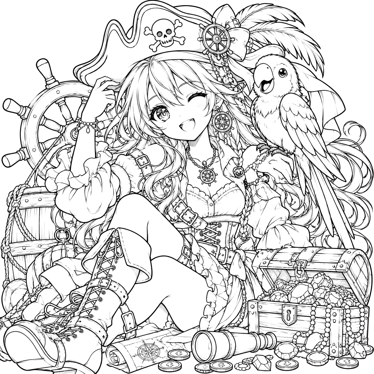 Manga Pirate Girl’s Treasure Adventure: anime coloring page with detailed line art to print and color
