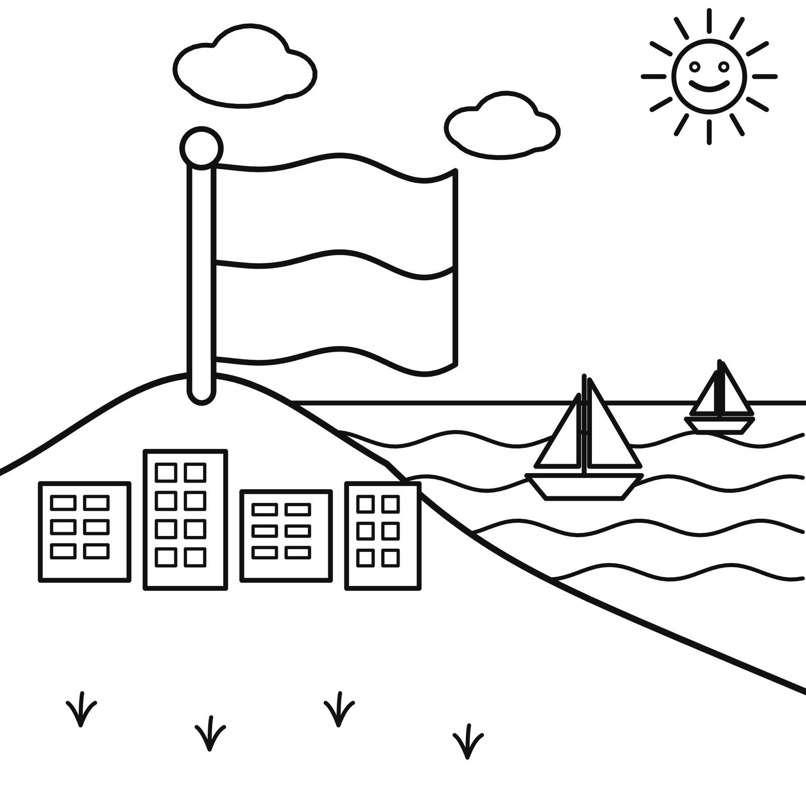 Monaco flag on a hill above a harbor with sailboats coloring page