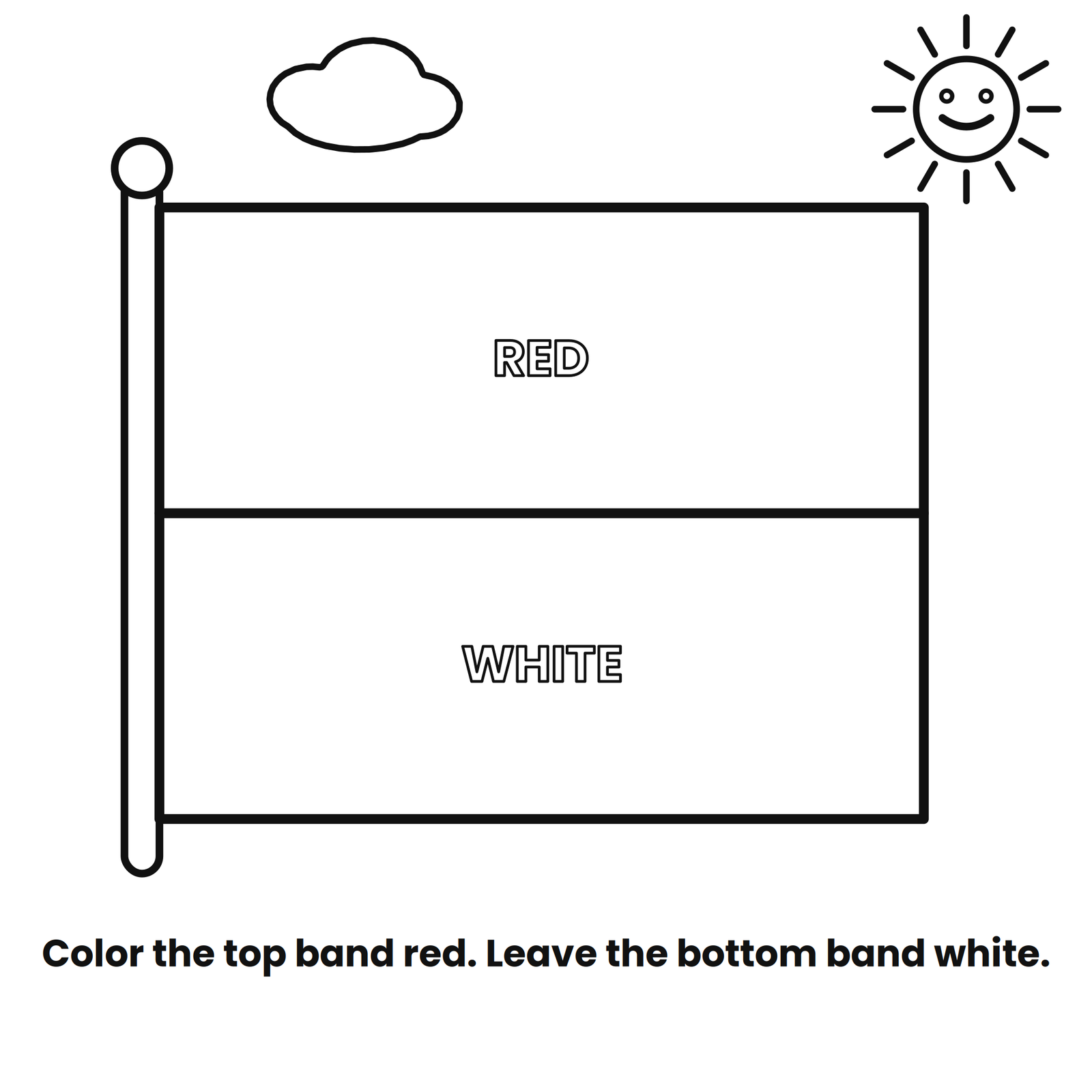 Monaco flag coloring page with color hints: red on top, white on bottom