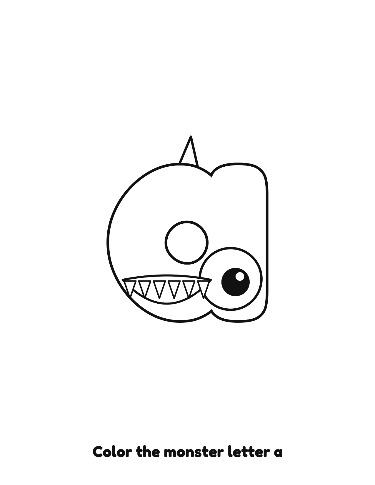 Halloween monster letter a lowercase alphabet coloring page with eyes and fangs