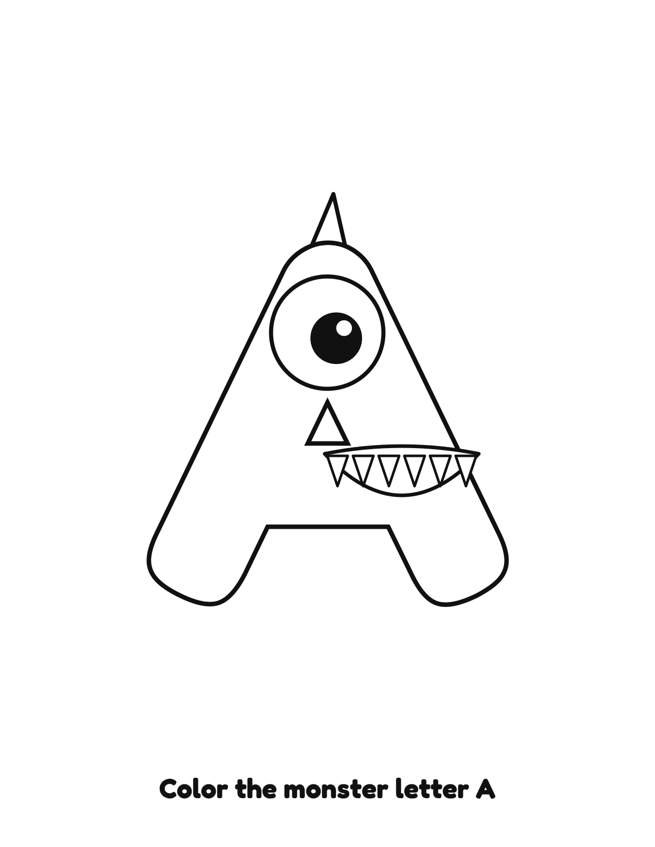 Halloween monster letter A uppercase alphabet coloring page with eyes and fangs
