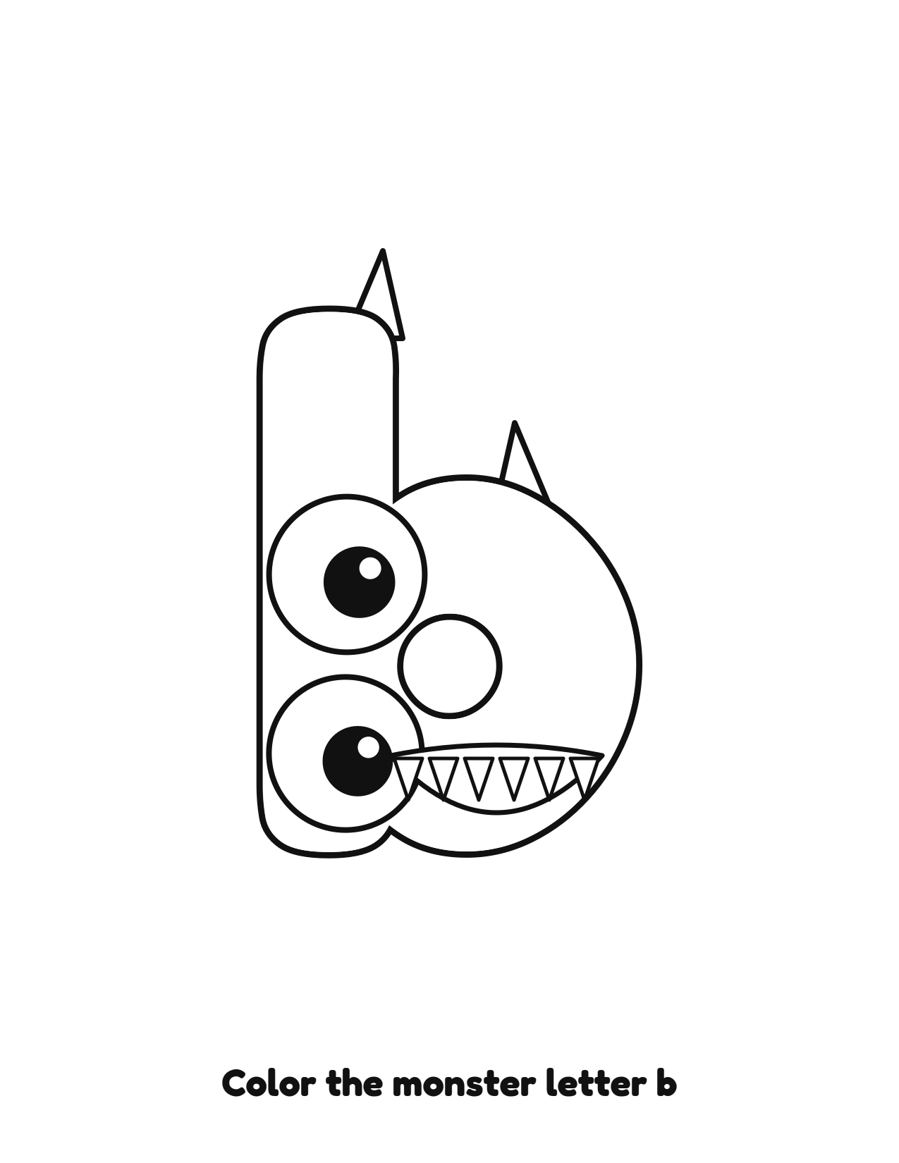 Halloween monster letter b lowercase alphabet coloring page with eyes and fangs