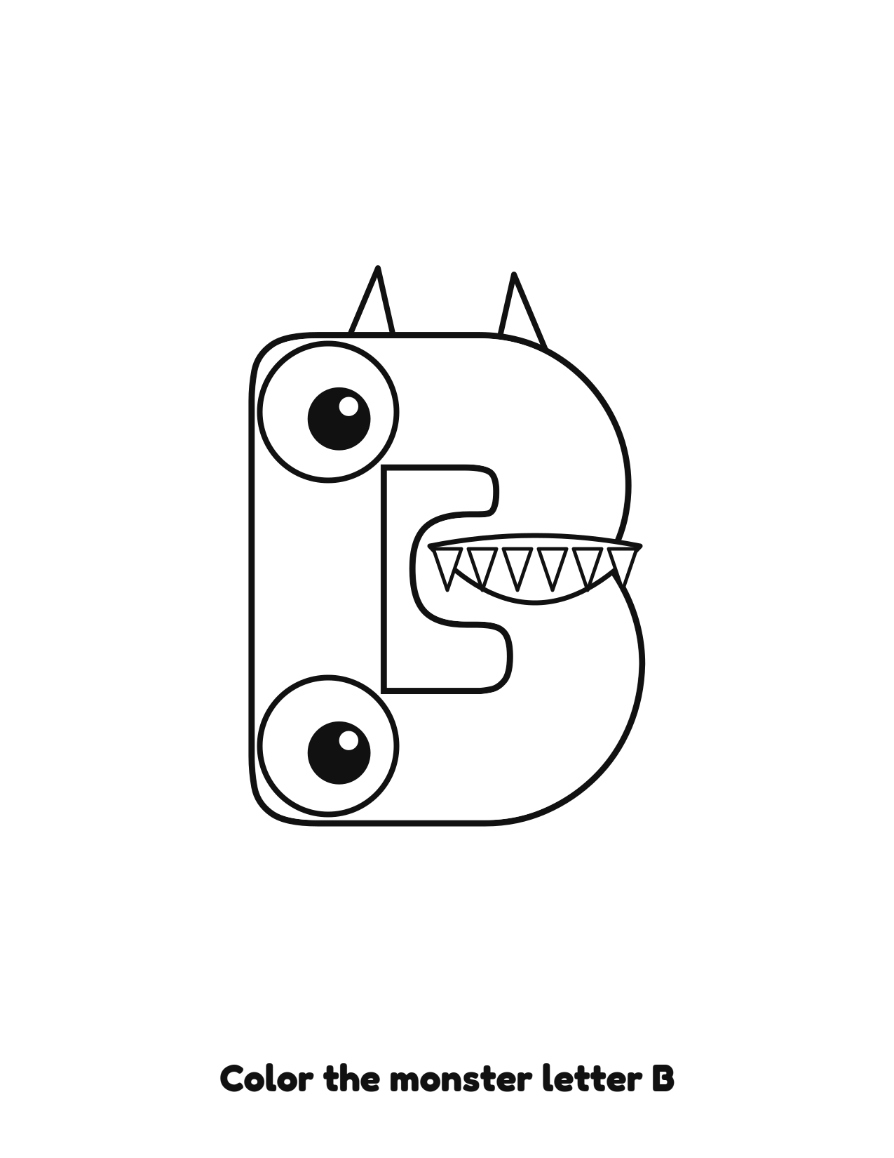 Halloween monster letter B uppercase alphabet coloring page with eyes and fangs