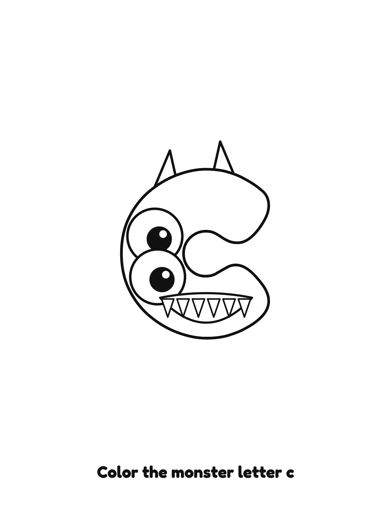 Halloween monster letter c lowercase alphabet coloring page with eyes and fangs