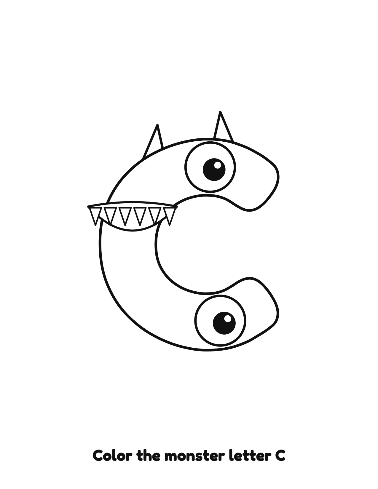 Halloween monster letter C uppercase alphabet coloring page with eyes and fangs