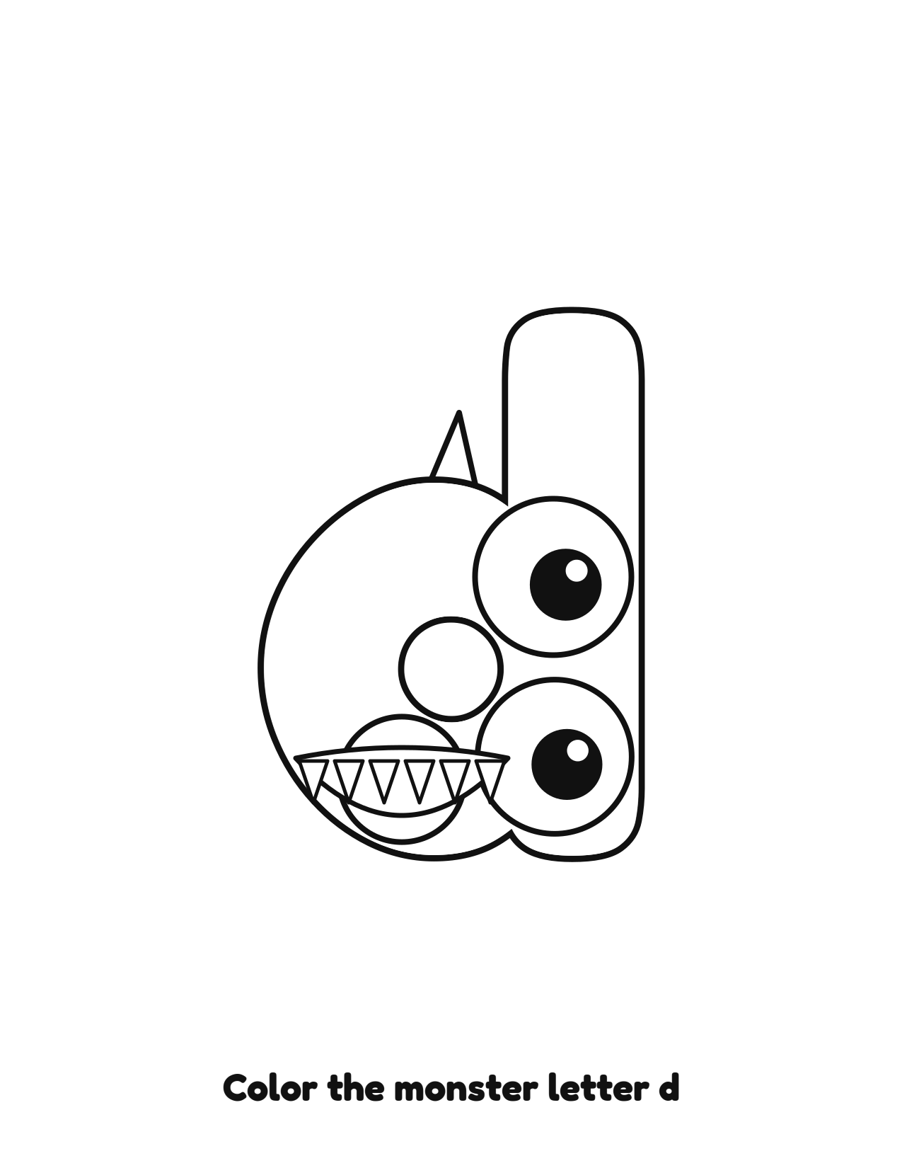Halloween monster letter d lowercase alphabet coloring page with eyes and fangs
