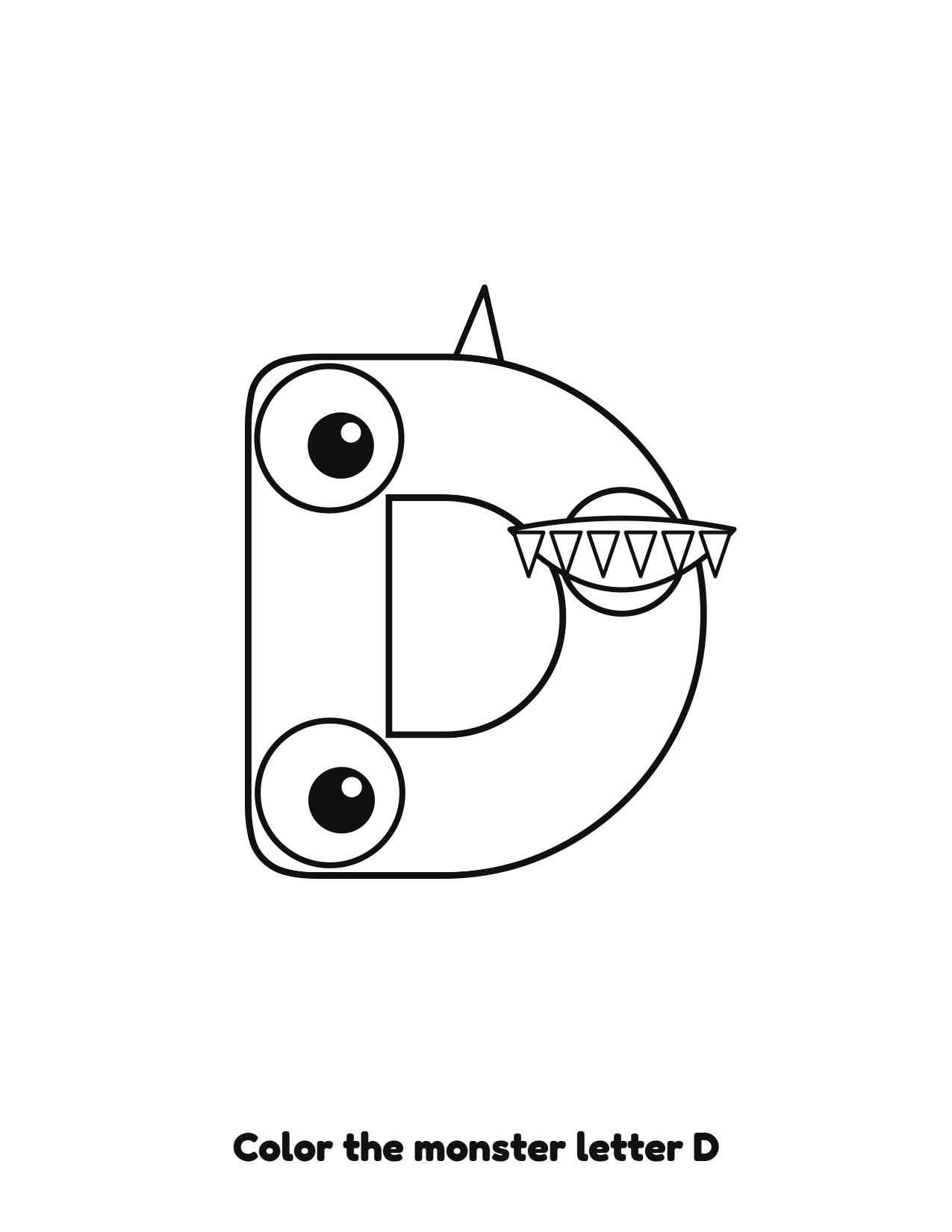 Halloween monster letter D uppercase alphabet coloring page with eyes and fangs