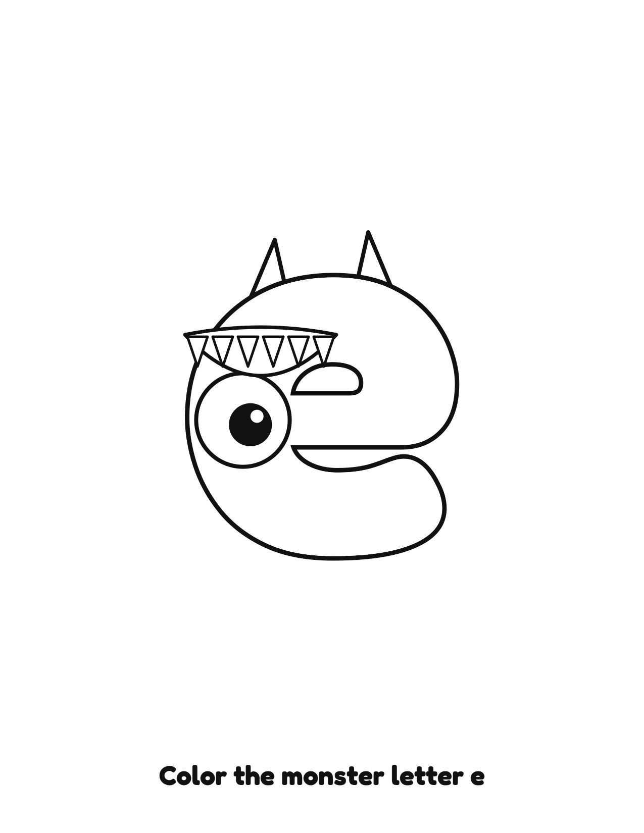 Halloween monster letter e lowercase alphabet coloring page with eyes and fangs